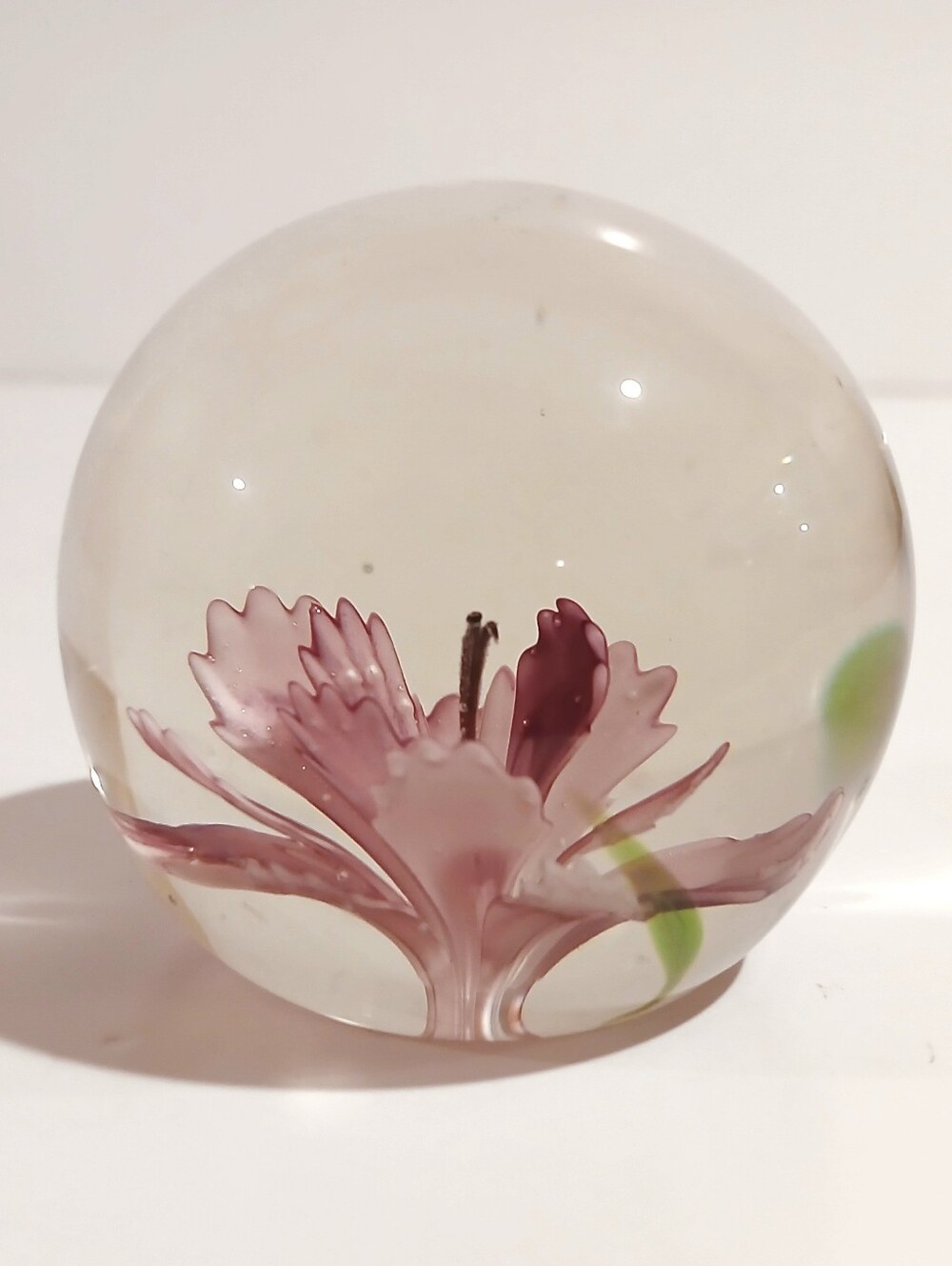 Vintage Glass Floral Paperweight in Pink and Clear